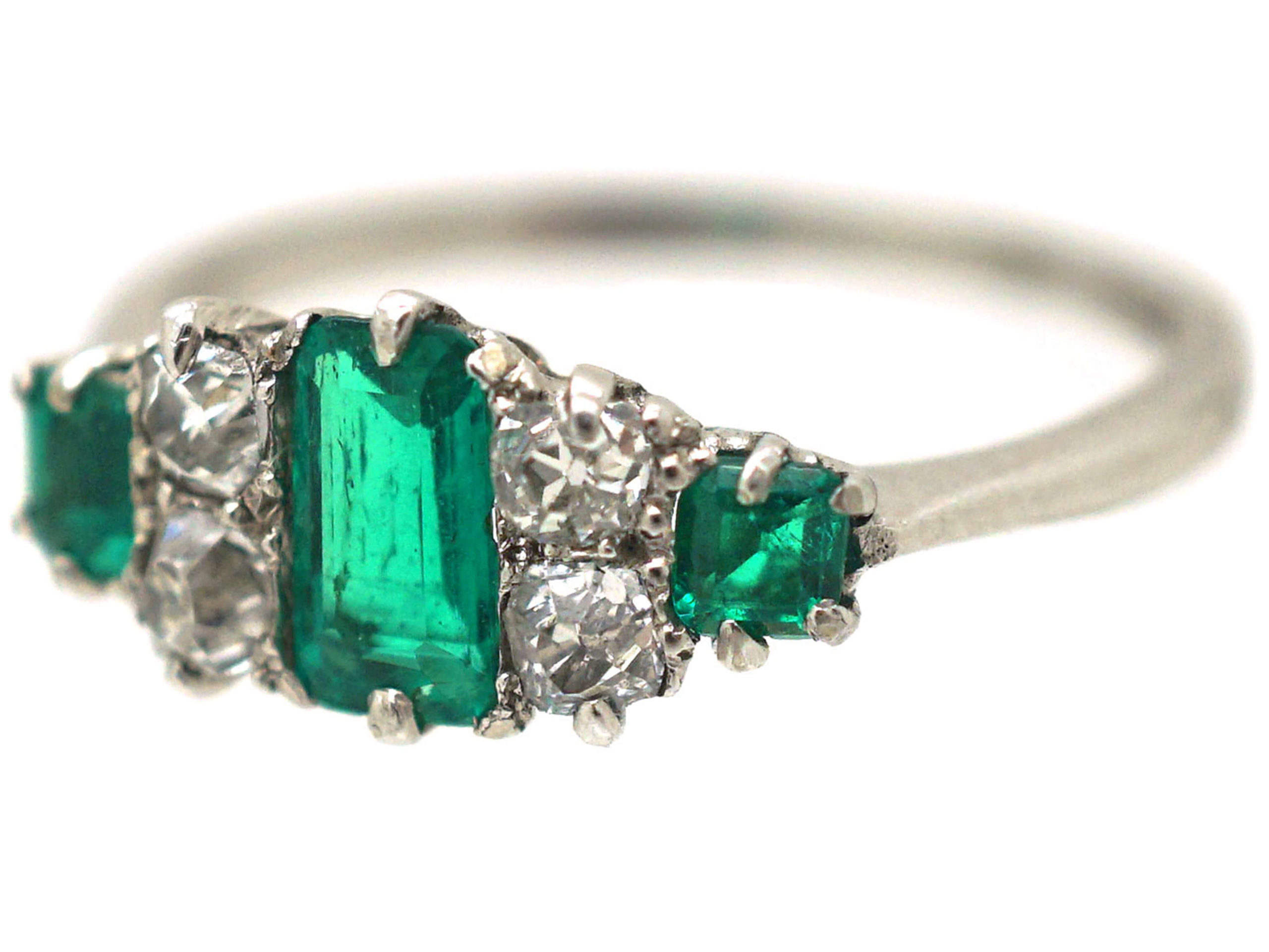 Art Deco Emerald & Diamond Three Stone Ring (21P) | The Antique