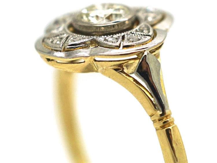 French Art Deco Platinum & 18ct Gold Diamond Geometric Shaped Target Ring