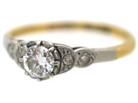 Art Deco 18ct Gold & Platinum Diamond Solitaire Ring with Diamond Shoulders