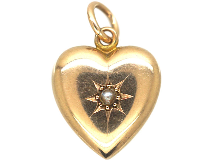 Edwardian 9ct gold Heart Pendant set with a Natural Split Pearl