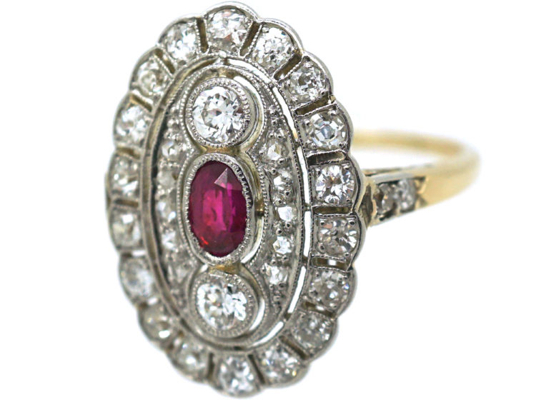 Art Deco 18ct Gold & Platinum, Ruby & Diamond Large Oval Cluster Ring