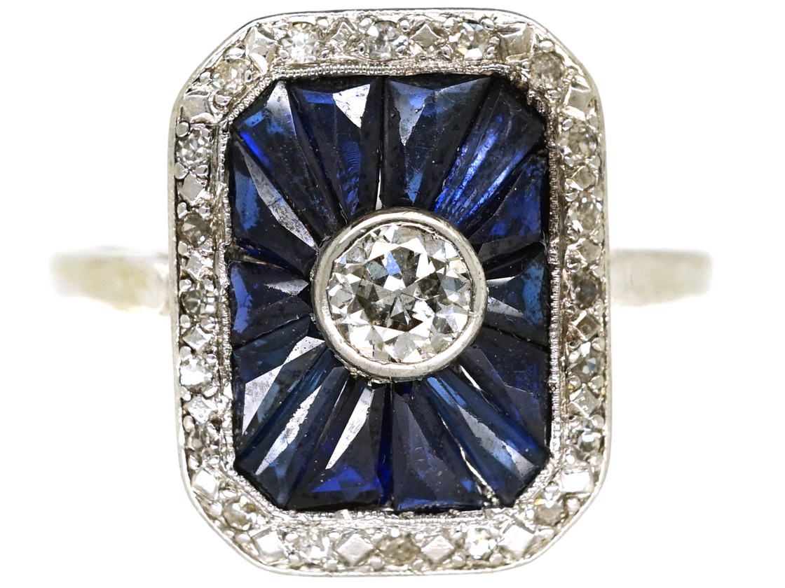 Art Deco 18ct White Gold, Diamond & Synthetic Sapphire Rectangular Ring