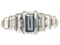 Art Deco Platinum Seven Stone Baguette Step Cut Diamond Ring