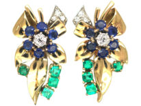 Retro 18ct Gold, Emerald Diamond & Sapphire Earrings