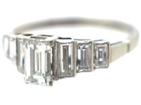 Art Deco Platinum Seven Stone Baguette Step Cut Diamond Ring