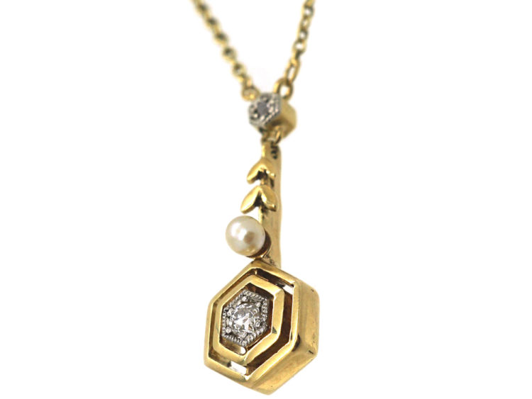Art Deco 14ct Gold Diamond & Pearl Pendant on 14ct Gold Chain