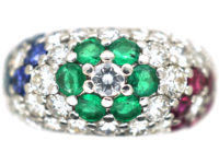 18ct White Gold Tutti Frutti Sapphire, Diamond, Emerald & Ruby Flowers Ring