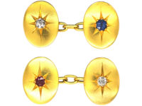 Victorian 18ct Gold Oval Cufflinks set with a Sapphire, Ruby & Diamonds