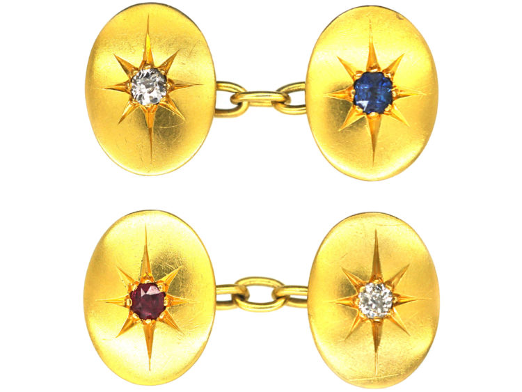 Victorian 18ct Gold Oval Cufflinks set with a Sapphire, Ruby & Diamonds