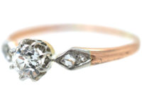 Edwardian 18ct Rose Gold and Platinum Solitaire Diamond Ring with Diamond set Shoulders