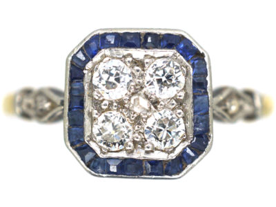 Art Deco 18ct Gold & Platinum, Sapphire & Diamond Octagonal Target Ring