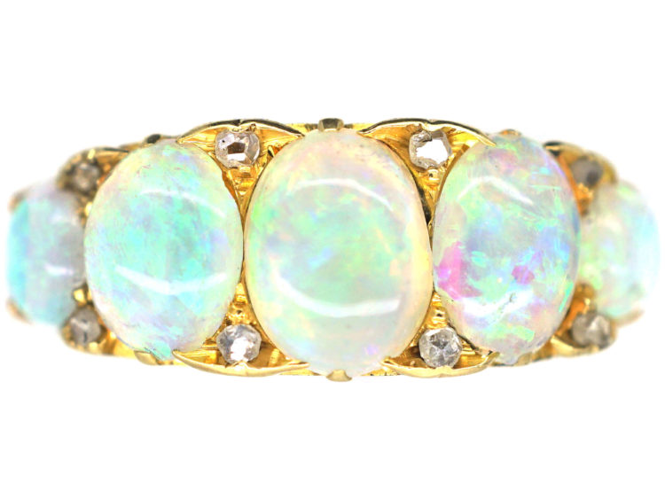 Edwardian 18ct Gold Half Carved Half Hoop Five Stone Opal Ring