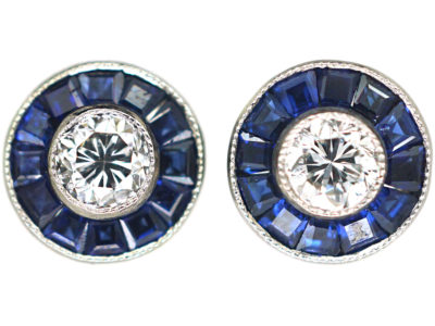 Art Deco 18ct White Gold, Sapphire & Diamond Target Earrings
