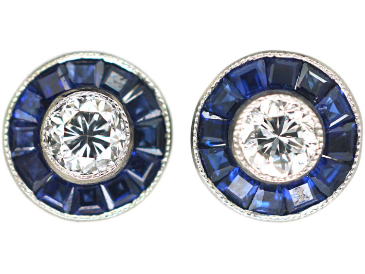 Art Deco 18ct White Gold, Sapphire & Diamond Target Earrings