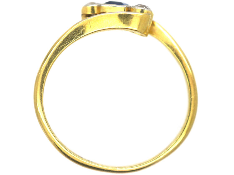 Art Deco 18ct Gold & Platinum, Diamond & Sapphire Crossover Ring