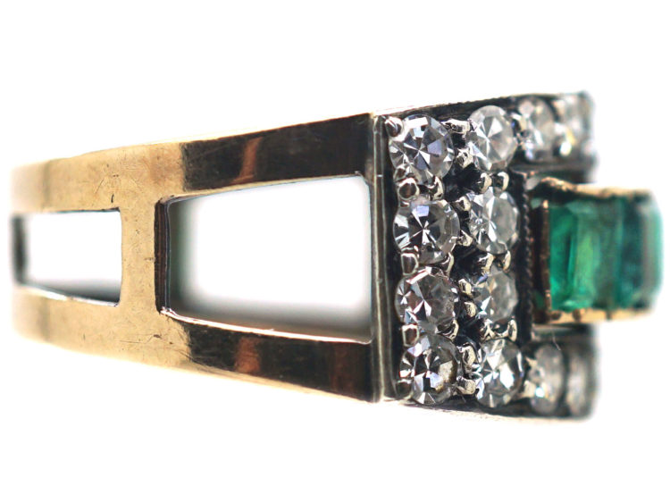 Art Deco 14ct Gold Emerald & Diamond Buckle Ring