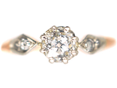 Edwardian 18ct Rose Gold & Platinum, Diamond Solitaire Ring with Rose Diamond Set Shoulders