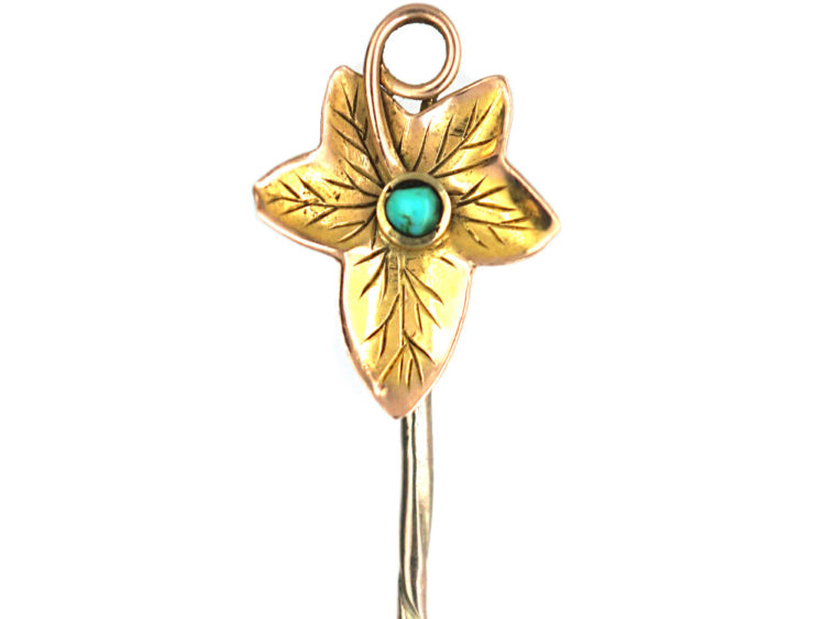 Edwardian 9ct Gold Ivy Leaf Tie Pin set with a Turquoise