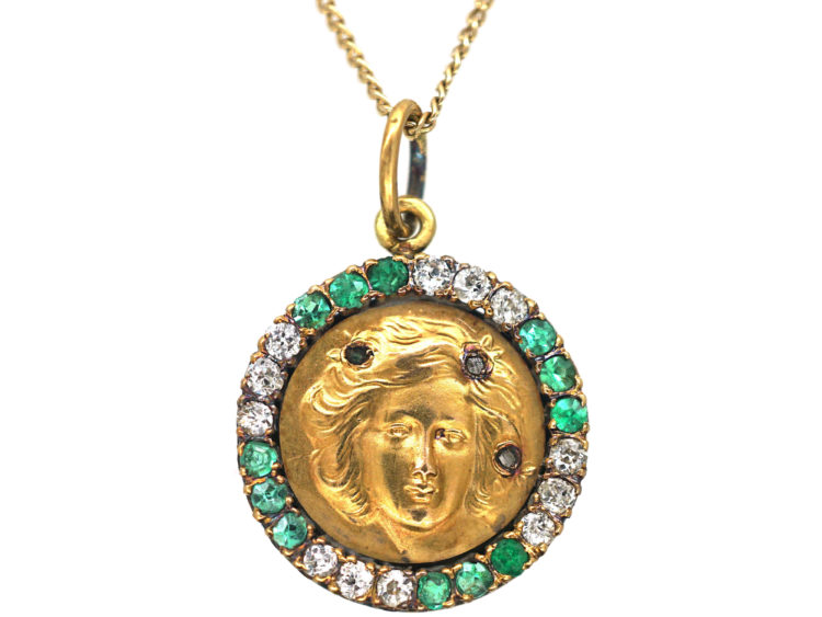 Art Nouveau 15ct Gold, Diamond & Emerald Pendant of a Lady on 9ct Gold Chain