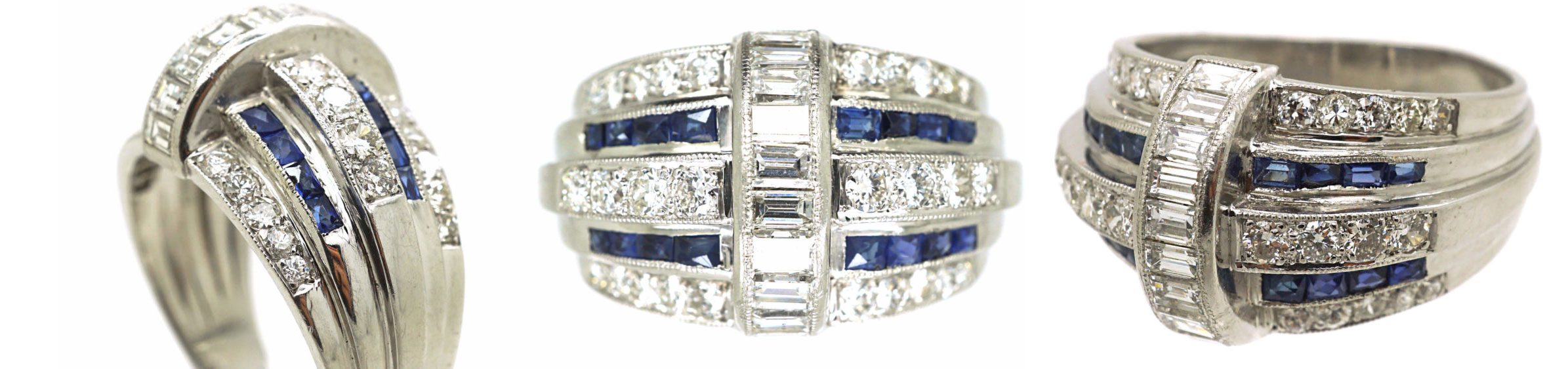 French Platinum, French Cut Sapphires & Diamond Bombé Ring