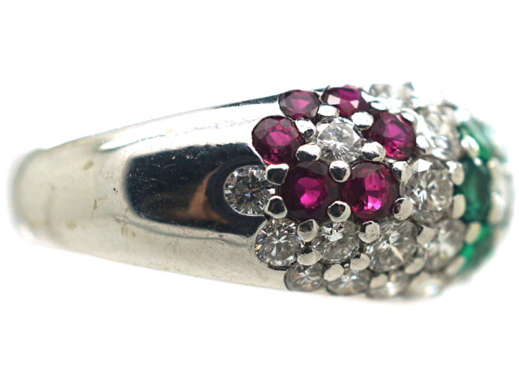 18ct White Gold Tutti Frutti Sapphire, Diamond, Emerald & Ruby Flowers Ring