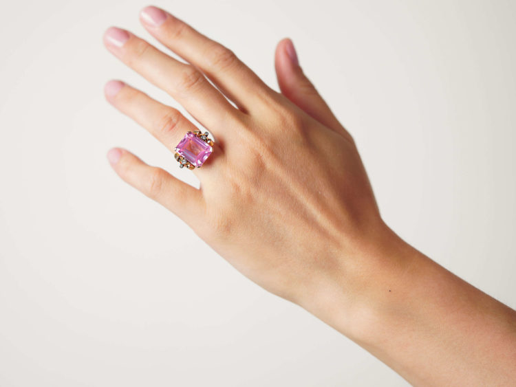 Retro 14ct Gold, Synthetic Pink Sapphire with Diamond Set Shoulders