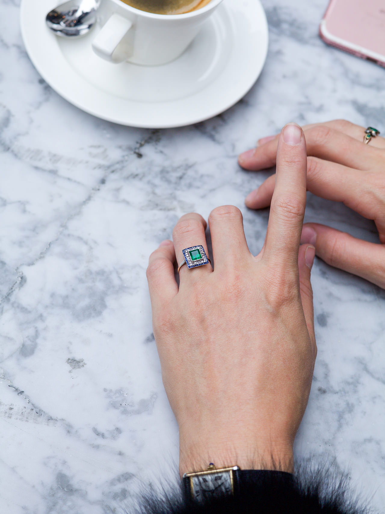 Art Deco Sapphire, Emerald & Diamond Square Ring