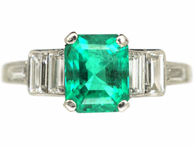 Art Deco Platinum, Emerald & Baguette Diamond Ring