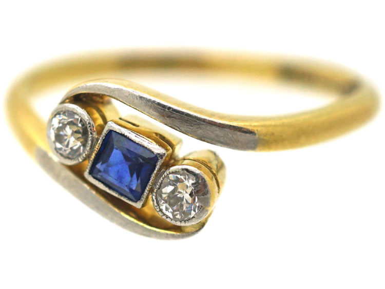 Art Deco 18ct Gold & Platinum, Diamond & Sapphire Crossover Ring