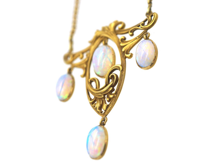 Art Nouveau 14ct Gold and Opal Pendant On 18ct Gold Art Nouveau Chain