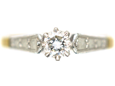 Art Deco 18ct Gold & Platinum, Diamond Solitaire Ring With Shoulder Details