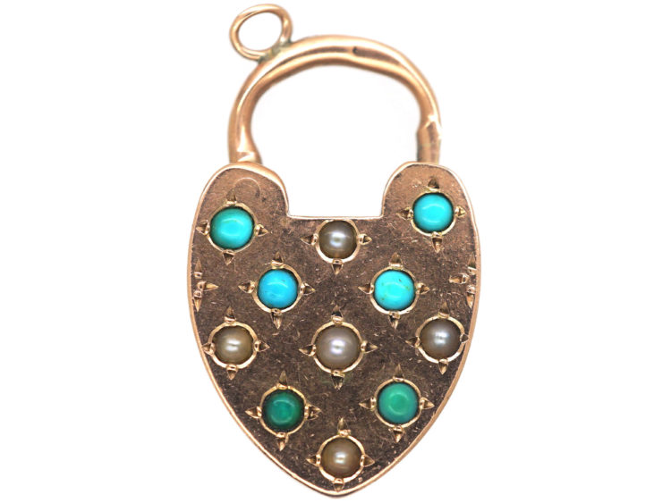 Victorian 9ct Gold Padlock set with Turquoise & Natural Split Pearls