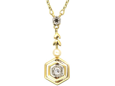 Art Deco 14ct Gold Diamond & Pearl Pendant on 14ct Gold Chain