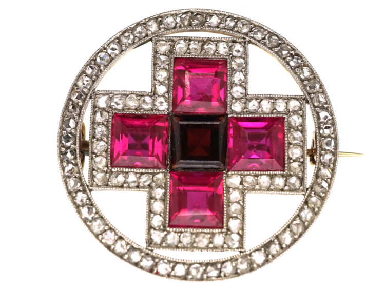 Art Deco 18ct Gold & Platinum, Synthetic Ruby & Rose Diamond Circle Brooch With Cross Motif