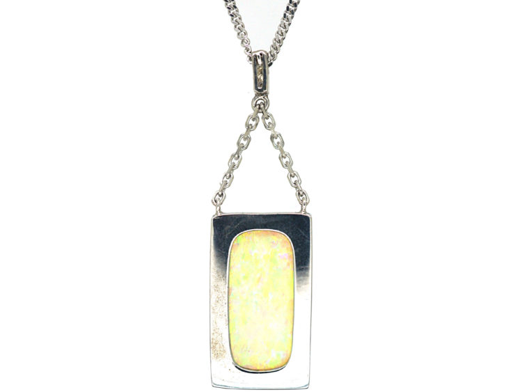 Art Deco 18ct White Gold, Opal & Diamond Pendant on 18ct White Gold Chain