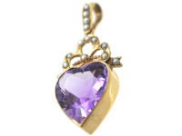 Edwardian 9ct Gold Heart Pendant set with Natural Split Pearls & a Heart Shaped Amethyst