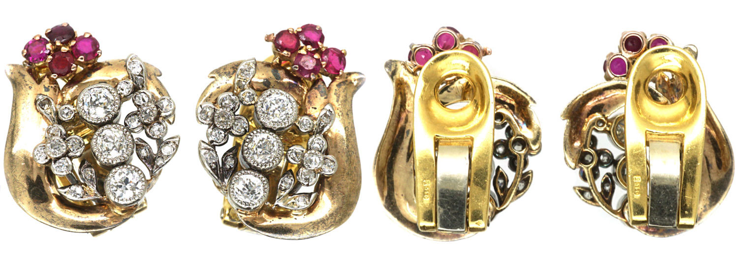 Retro 18ct White & Yellow Gold, Ruby & Diamond Clip On Earrings