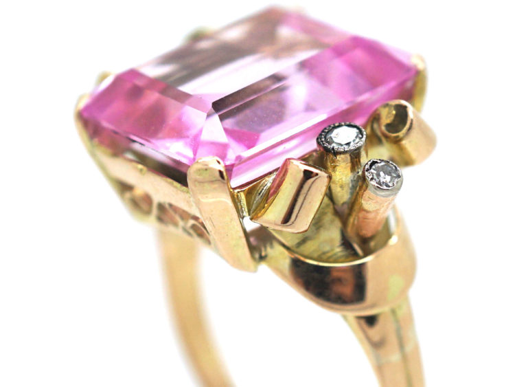 Retro 14ct Gold, Synthetic Pink Sapphire with Diamond Set Shoulders