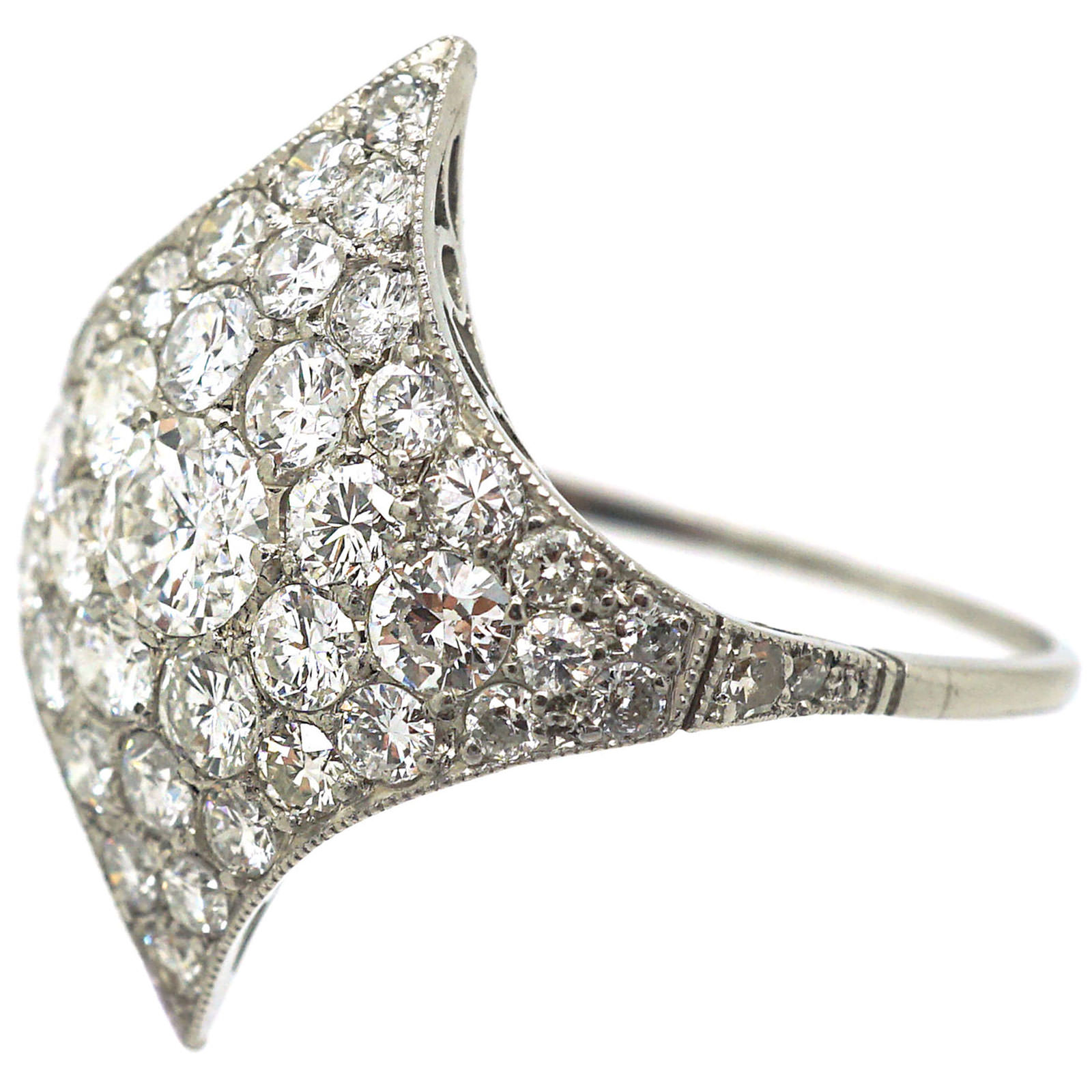 Art Deco Platinum Curved Pavé Diamond-Shaped Cluster Ring