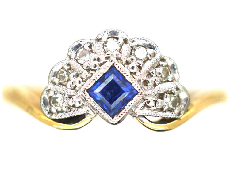 Art Deco 18ct Gold & Platinum, Diamond & Sapphire Fan Ring