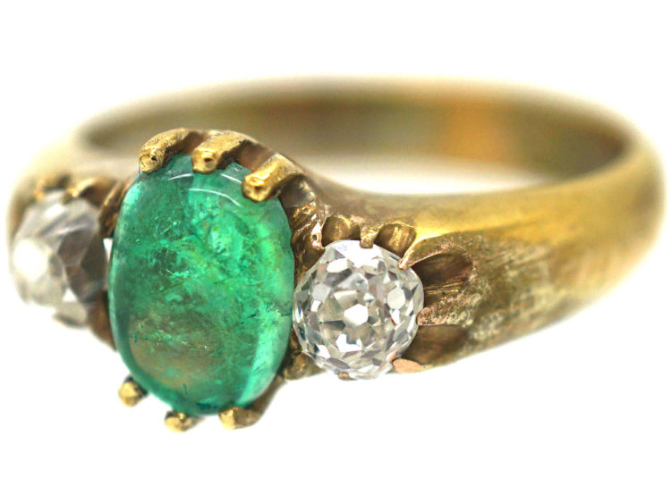 Victorian 18ct Gold Cabochon Emerald & Diamond Three Stone Ring