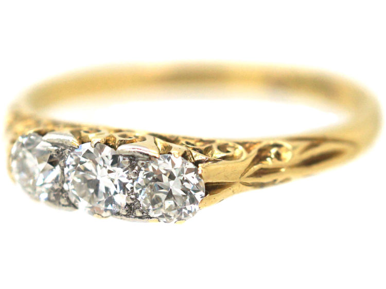 Edwardian 18ct Gold Three Stone Diamond Carved Half Hoop Ring