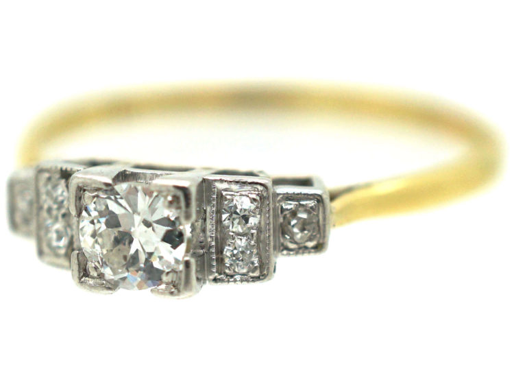 Art Deco 18ct gold & Platinum, Diamond Solitaire Ring with Diamond Set Shoulders