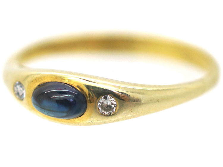 14ct Gold Cabochon Sapphire & Diamond Three Stone Rub Over Ring