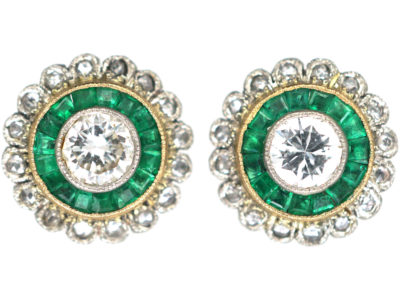 Art Deco 18ct Gold & Platinum, Emerald & Diamond Target Earrings