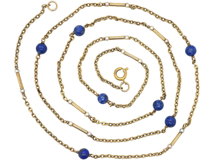 Edwardian 9ct Gold, Lapis Lazuli & Pearl Chain