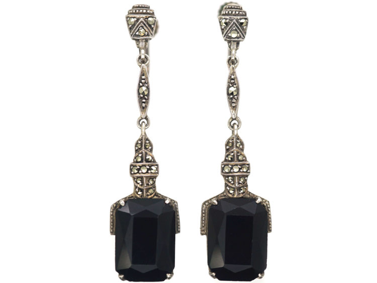 Art Deco Silver Onyx & Marcasite Drop Earrings