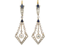 Art Deco 18ct Gold & Platinum, Sapphire & Diamond Drop Earrings
