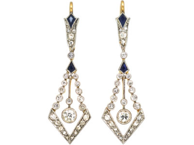 Art Deco 18ct Gold & Platinum, Sapphire & Diamond Drop Earrings