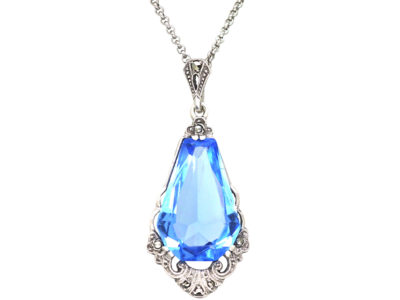 Art Deco Silver & Synthetic Blue Spinel Drop Pendant on a Silver Chain